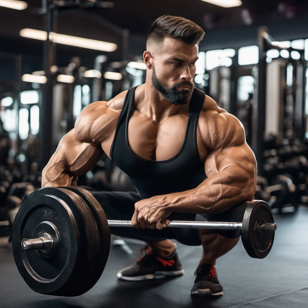 Muscular man doing barbell squat in gym with focused expression and defined muscles