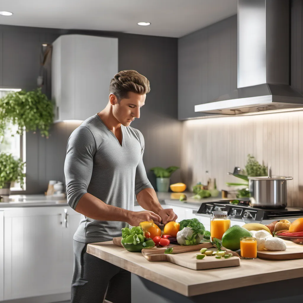Man preparing fresh fruits and vegetables on kitchen island in modern gray kitchen