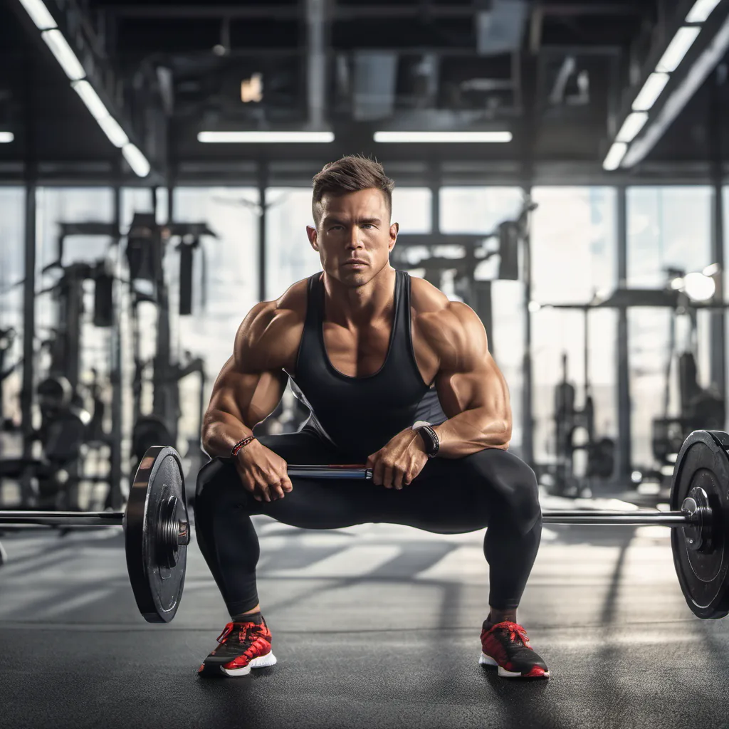 Athletic man squatting with barbell in modern gym, wearing black tank top and leggings