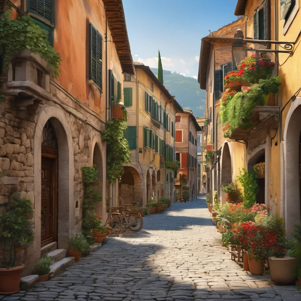 Sunlit cobblestone alley lined with colorful Italian buildings and vibrant flower-filled balconies